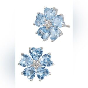 NWT Savvy Cie Blue CZ Flower Stud Earrings Rhodium Plated